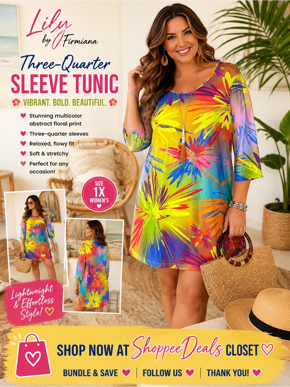 Lily by Firmiana Colorful Abstract Floral Three-Quarter Sleeve Tunic Dress